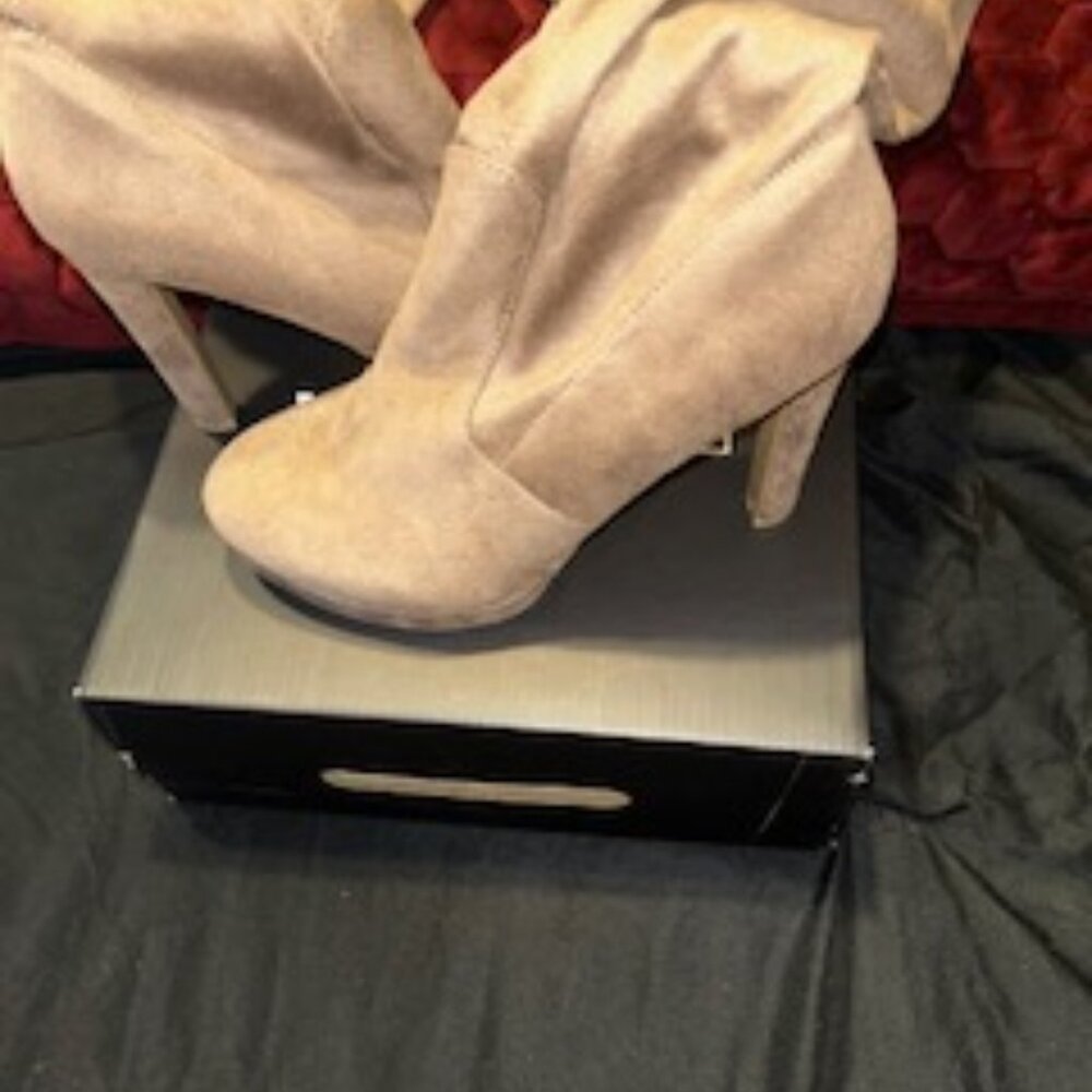 SUED THIGH HIGH HEEL BOOTS- COLOR(TAUPE)